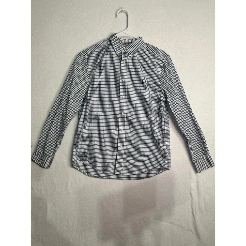 Ralph Lauren Boys Green Navy‎ Blue Tattersall Check Button Down Shirt L 14-16